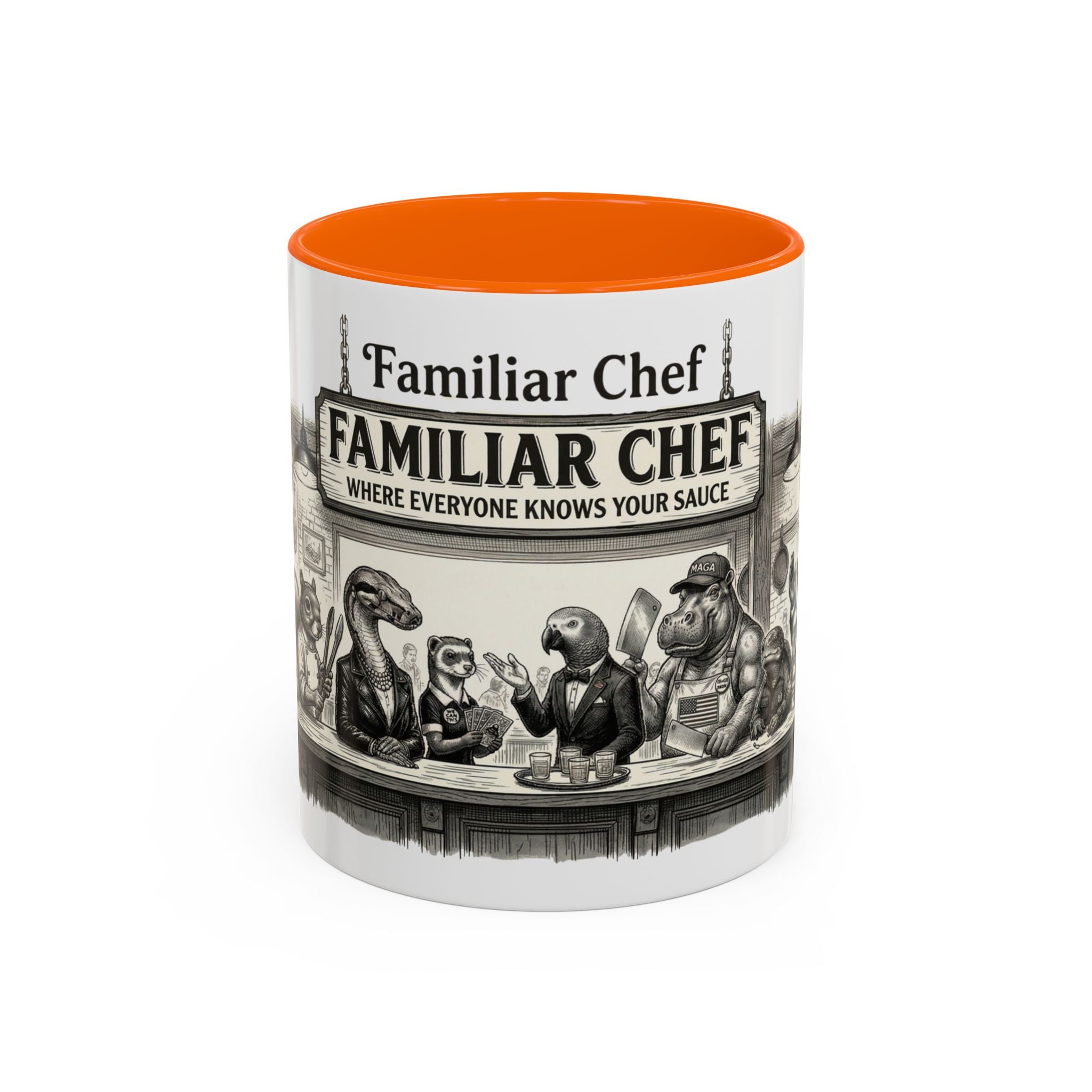 Familiar Chef Coffee Mug — "Where Everyone Knows Your Sauce" Vintage Animal Bistro Accent Mug (11/15oz)