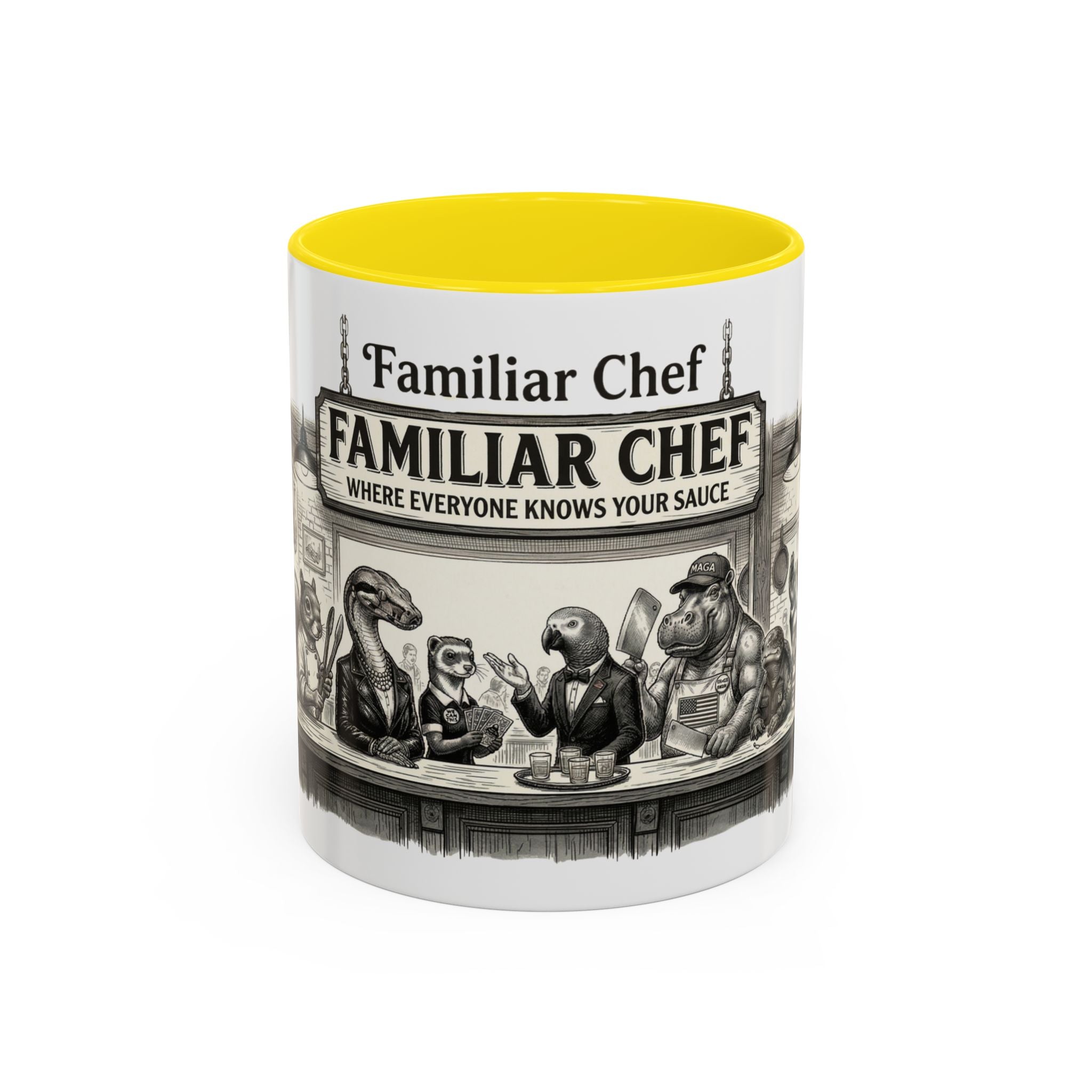 Familiar Chef Coffee Mug — "Where Everyone Knows Your Sauce" Vintage Animal Bistro Accent Mug (11/15oz)