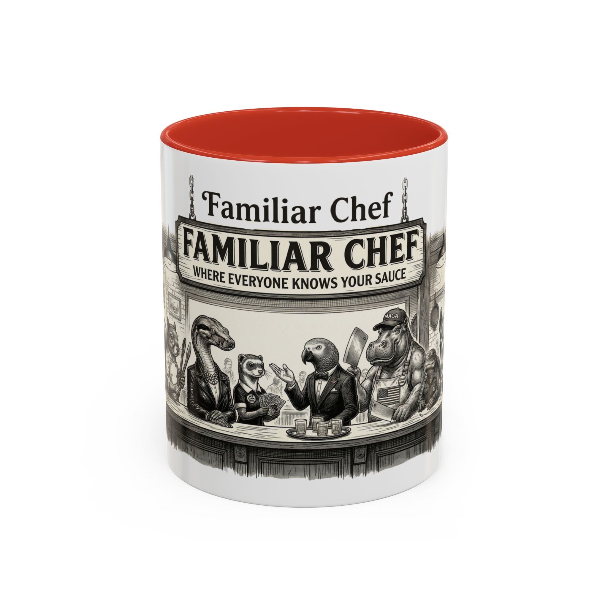 Familiar Chef Coffee Mug — "Where Everyone Knows Your Sauce" Vintage Animal Bistro Accent Mug (11/15oz)