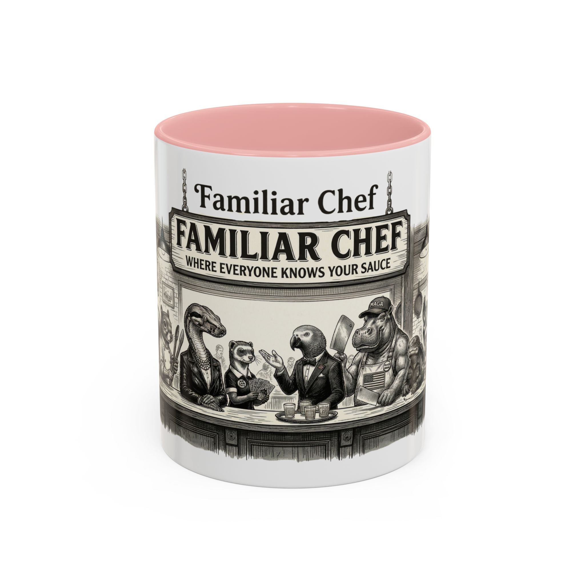 Familiar Chef Coffee Mug — "Where Everyone Knows Your Sauce" Vintage Animal Bistro Accent Mug (11/15oz)