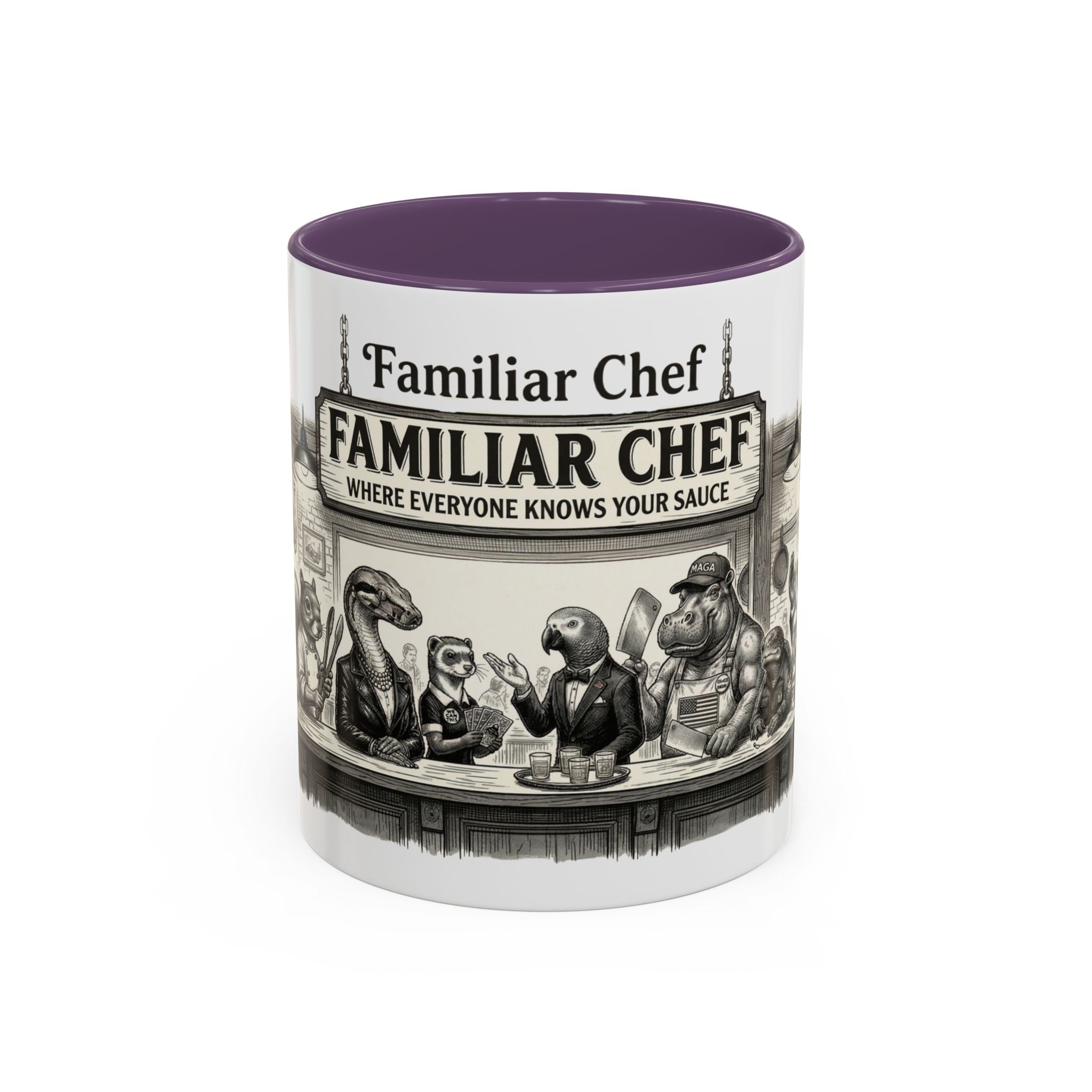Familiar Chef Coffee Mug — "Where Everyone Knows Your Sauce" Vintage Animal Bistro Accent Mug (11/15oz)