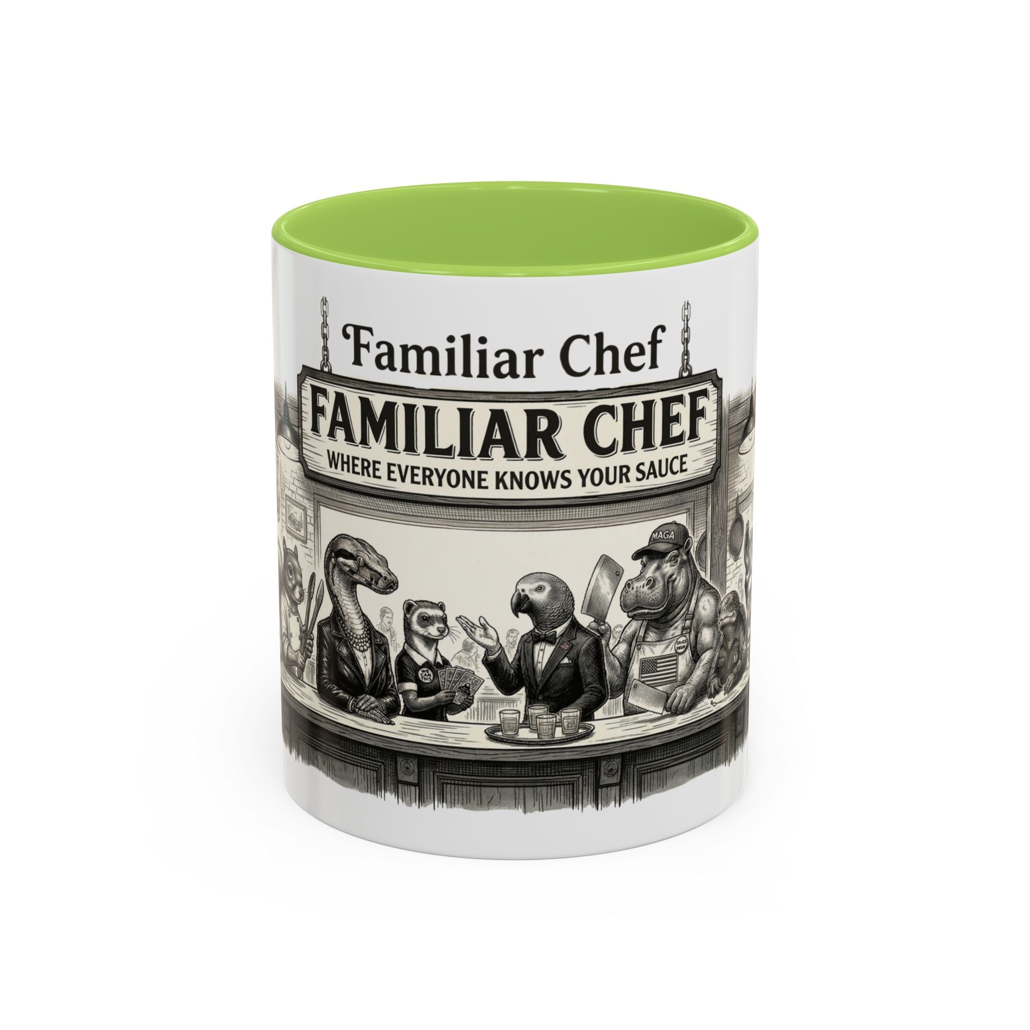 Familiar Chef Coffee Mug — "Where Everyone Knows Your Sauce" Vintage Animal Bistro Accent Mug (11/15oz)