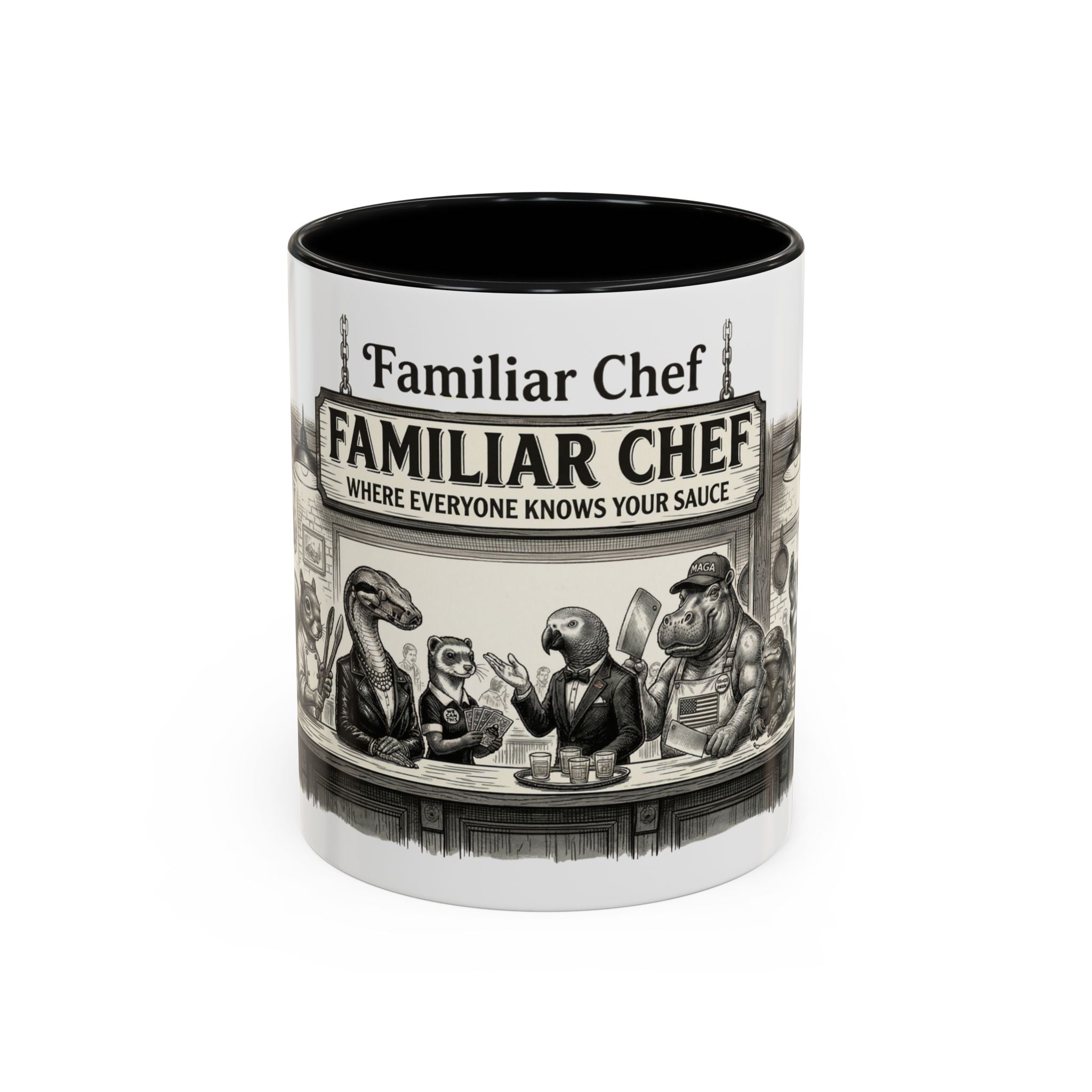 Familiar Chef Coffee Mug — "Where Everyone Knows Your Sauce" Vintage Animal Bistro Accent Mug (11/15oz)