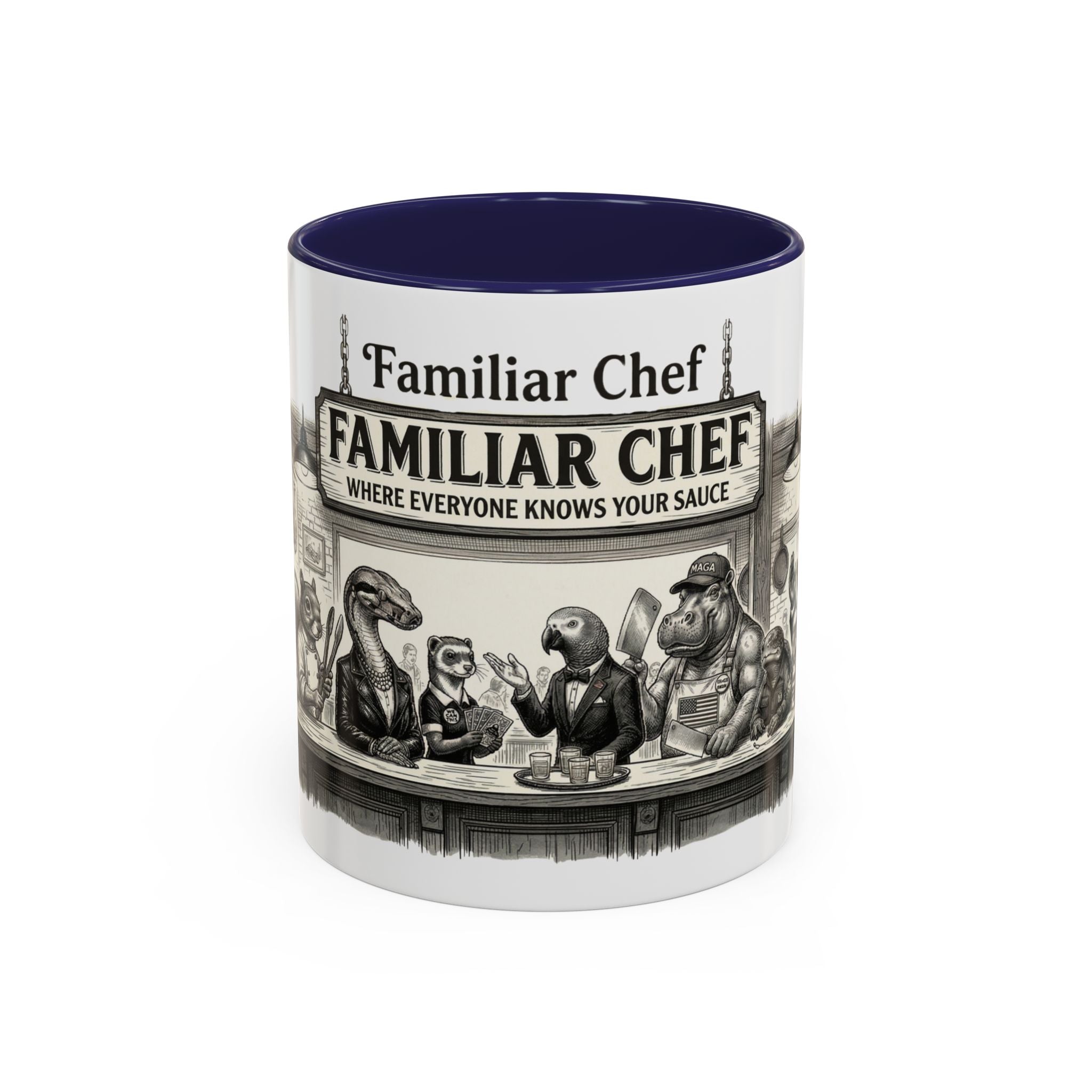 Familiar Chef Coffee Mug — "Where Everyone Knows Your Sauce" Vintage Animal Bistro Accent Mug (11/15oz)