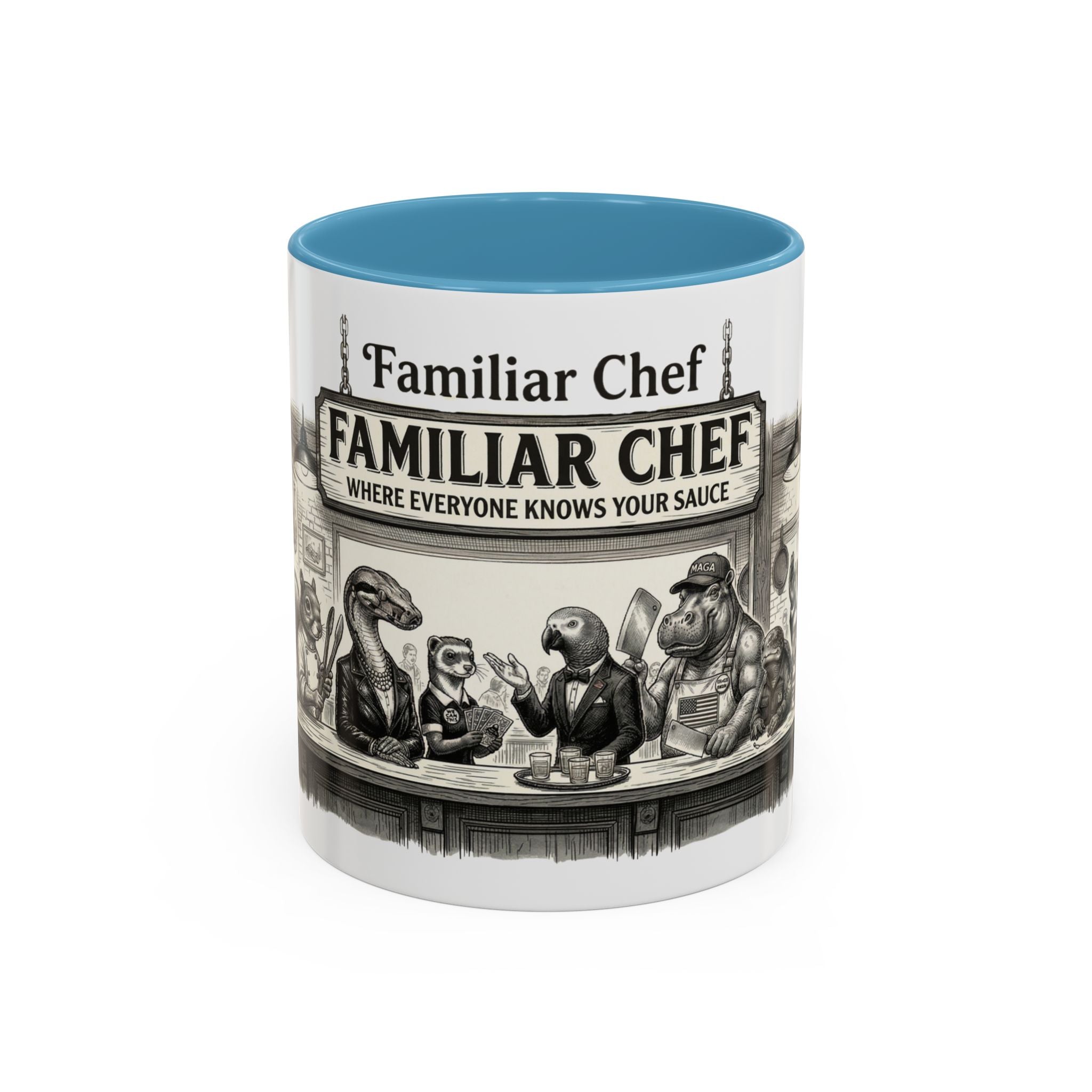 Familiar Chef Coffee Mug — "Where Everyone Knows Your Sauce" Vintage Animal Bistro Accent Mug (11/15oz)