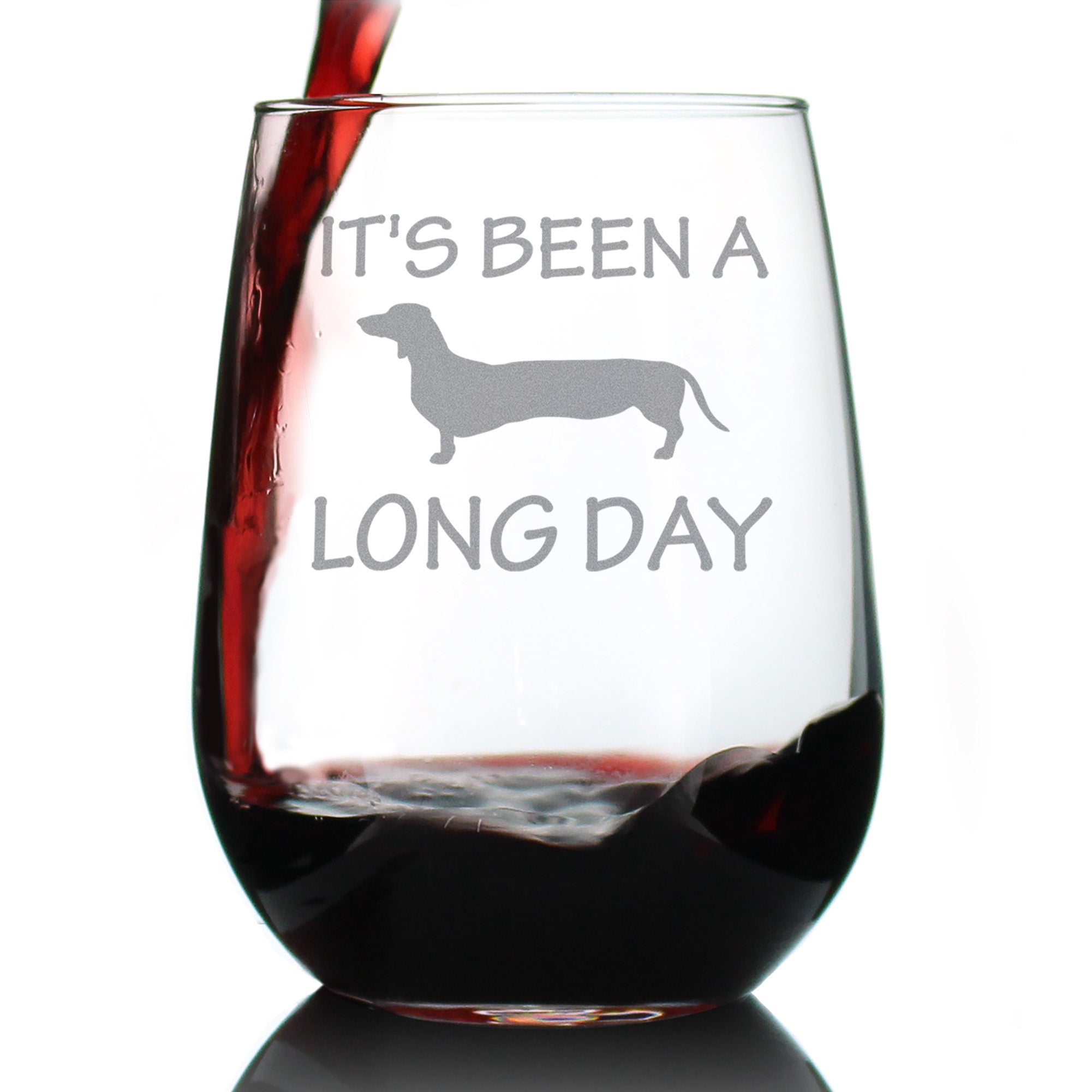 Long Day – Cute Funny Dachshund Stemless Wine Glass, Large Glasses, Etched Sayings, Gift Box